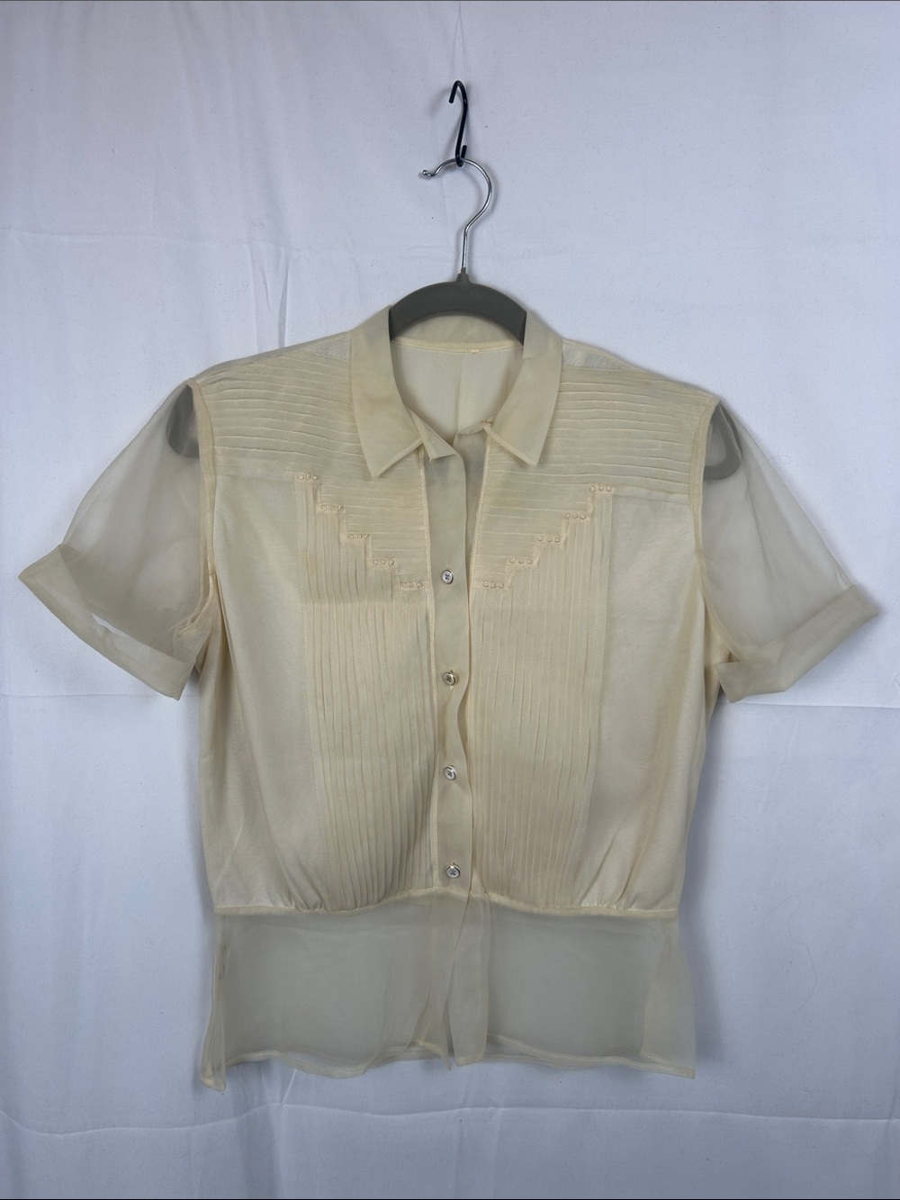 Vintage Lord & Taylor Sheer Ivory Short-Sleeve Button-Up Blouse